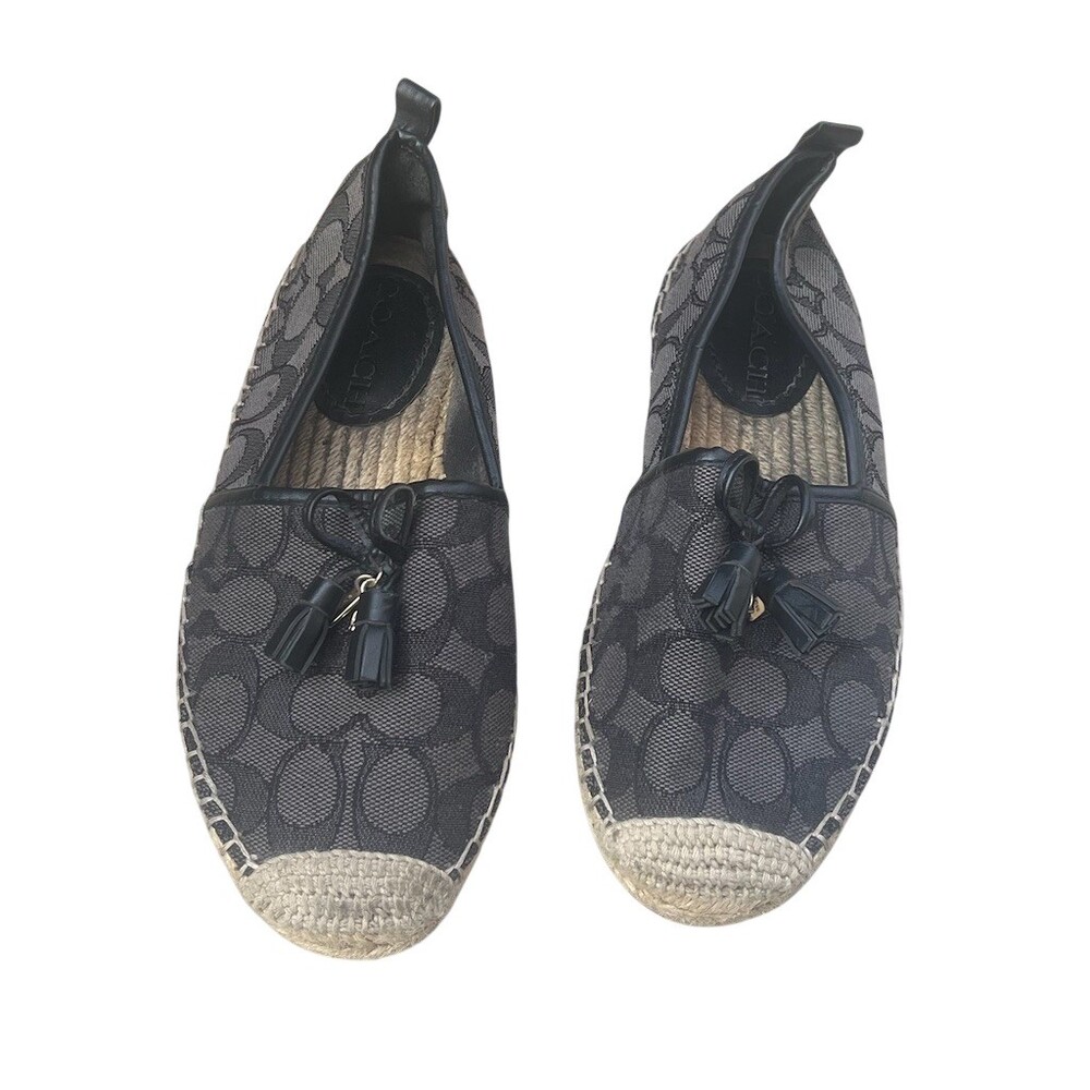 Coach Carson Espadrille Slip-On Flats Tassel Bow Black/Gray Women's